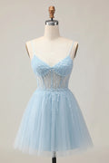 Light Blue Sparkly Light Corset A Line Short Homecoming Dress with Beading