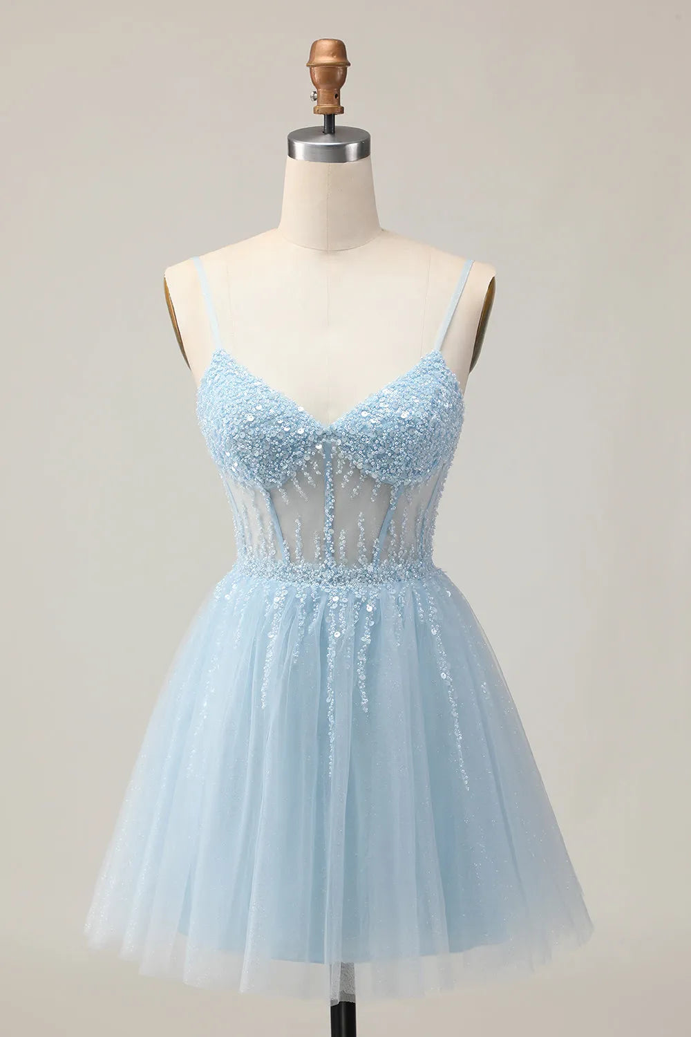 Light Blue Sparkly Light Corset A Line Short Homecoming Dress with Beading