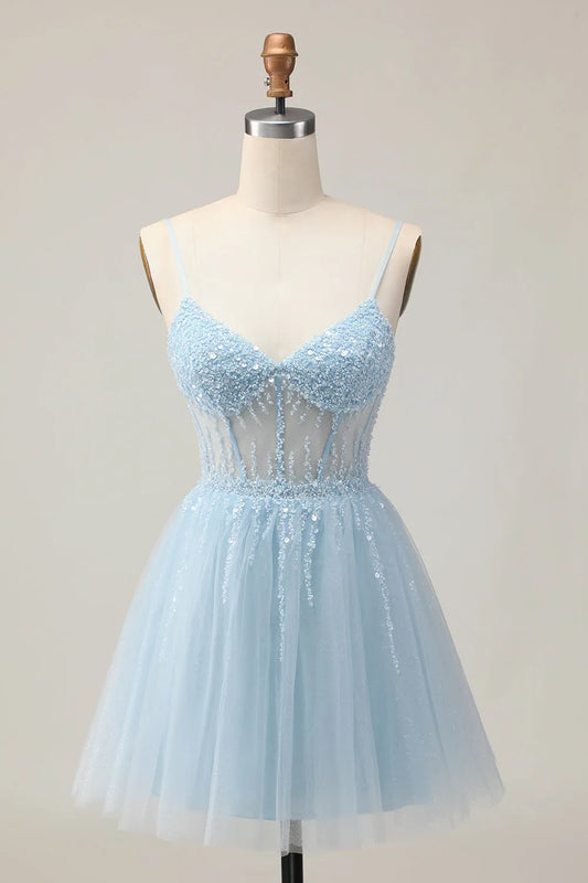 Elegant Light-Blue Lace A-Line Classic-Neck Classic-Sleeve Lace-Up-Back Mini-Length Homecoming Dress