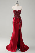 Special Occasion Sophisticated Graceful Stylish Refined Elegant Burgundy Satin Mermaid Sleeveless Prom Dress