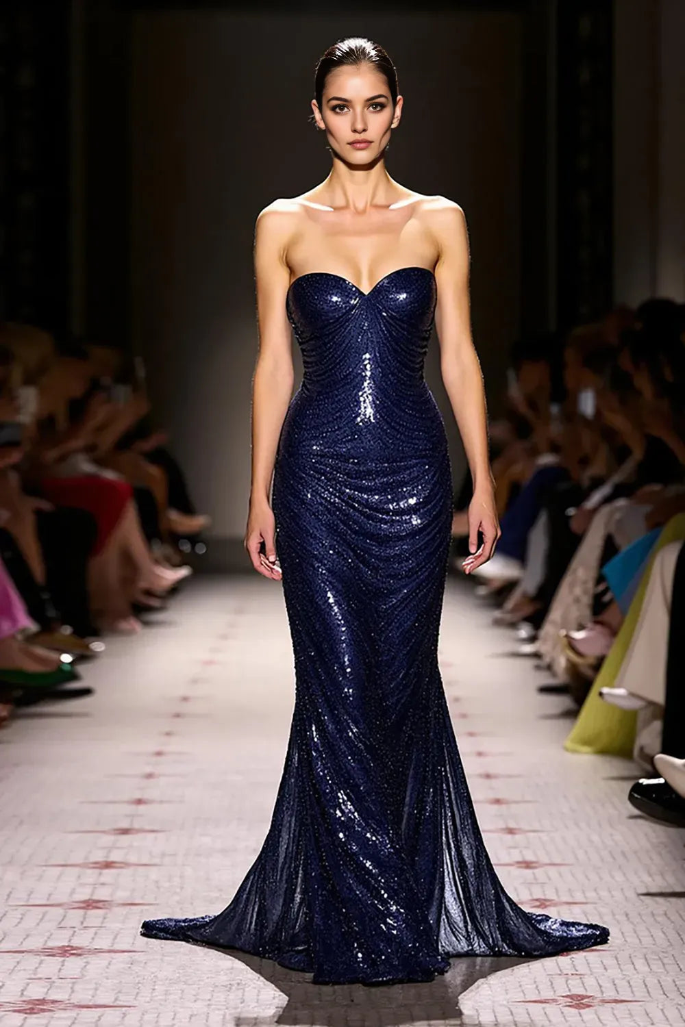 Navy Sparkly Sweetheart Mermaid Long Evening Dress