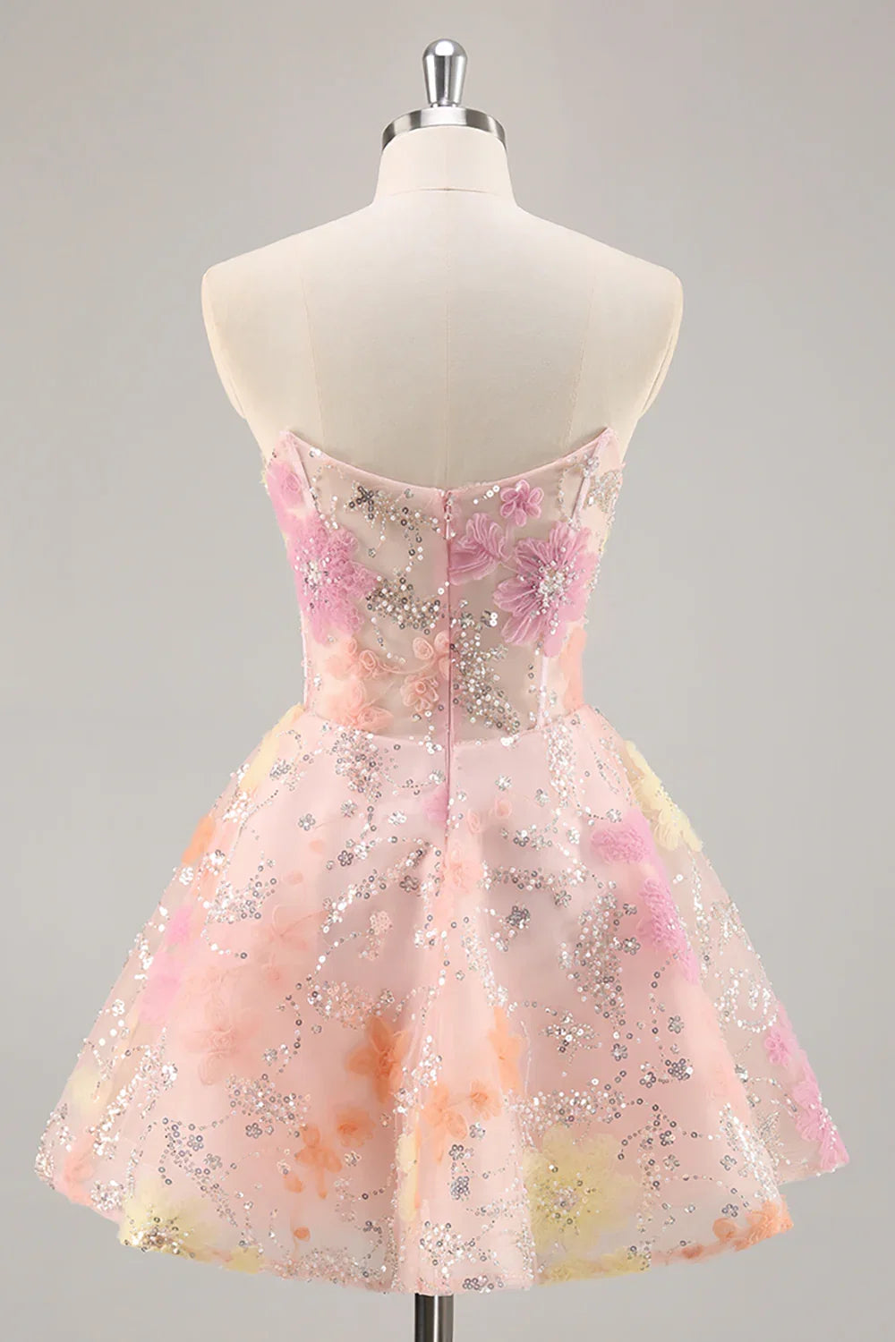 Pink Sparkly Corset Floral A Line Short Homecoming Dress with Beading