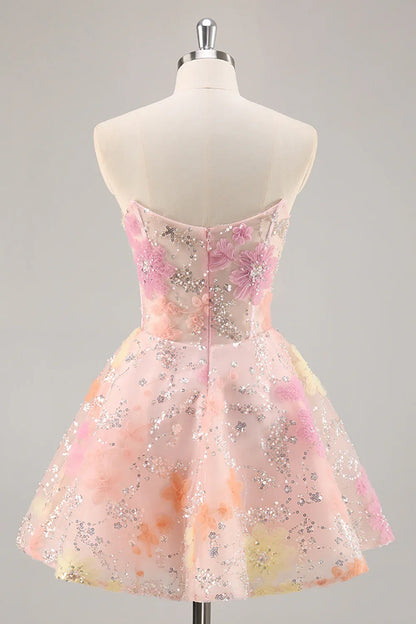 Elegant Pink Floral A-Line Classic-Neck Classic-Sleeve Lace-Up-Back Mini-Length Homecoming Dress