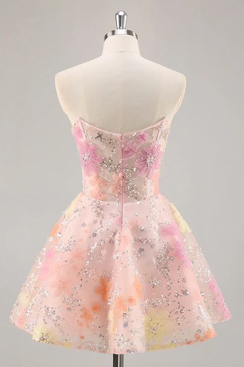 Elegant Pink Floral A-Line Classic-Neck Classic-Sleeve Lace-Up-Back Mini-Length Homecoming Dress
