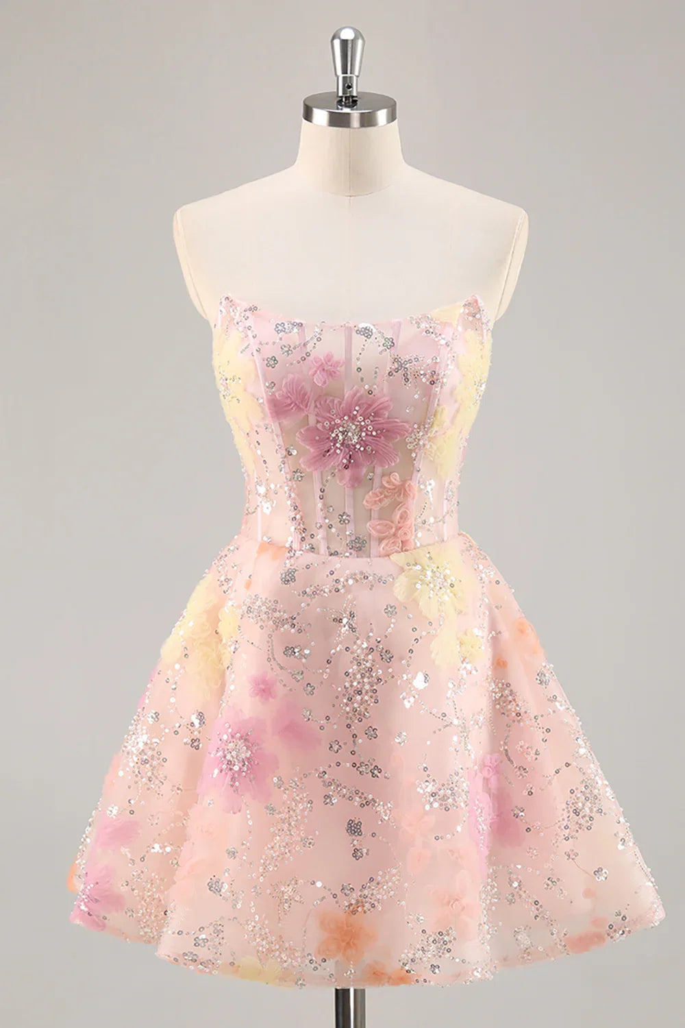 Pink Sparkly Corset Floral A Line Short Homecoming Dress with Beading