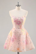 Pink Sparkly Corset Floral A Line Short Homecoming Dress with Beading