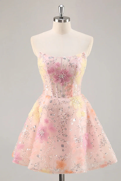 Elegant Pink Floral A-Line Classic-Neck Classic-Sleeve Lace-Up-Back Mini-Length Homecoming Dress