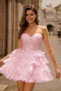 Pink Sparkly Corset Ruffled Sweetheart Short Homecoming Dress