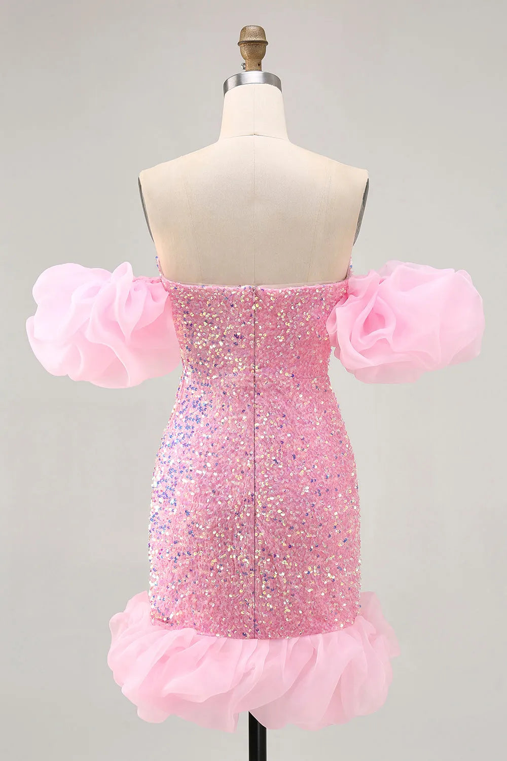 Pink Sparkly Sequins Detachable Puff Sleeves Tight Short Homecoming Dress