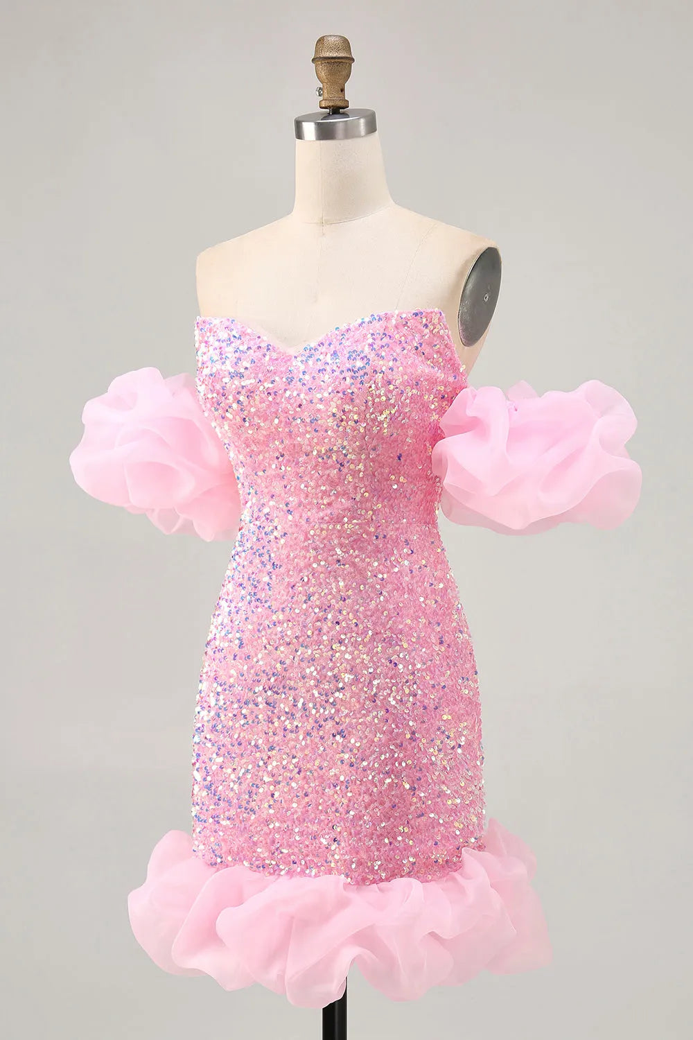 Pink Sparkly Sequins Detachable Puff Sleeves Tight Short Homecoming Dress