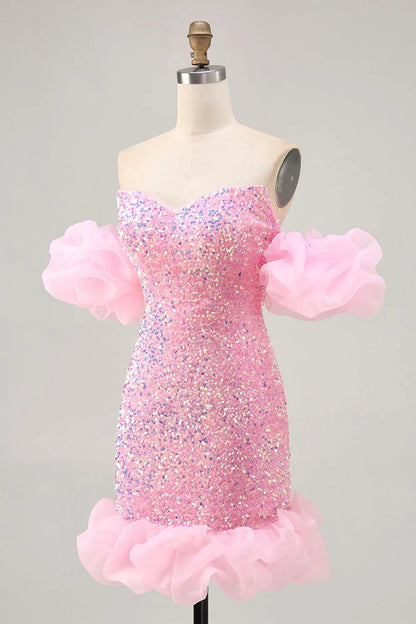 Elegant Pink Sequin A-Line Classic-Neck Classic-Sleeve Classic-Back Mini-Length Homecoming Dress