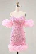 Pink Sparkly Sequins Detachable Puff Sleeves Tight Short Homecoming Dress