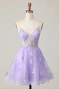 Purple Sparkly Floral A Line Short Homecoming Dress with Appliques