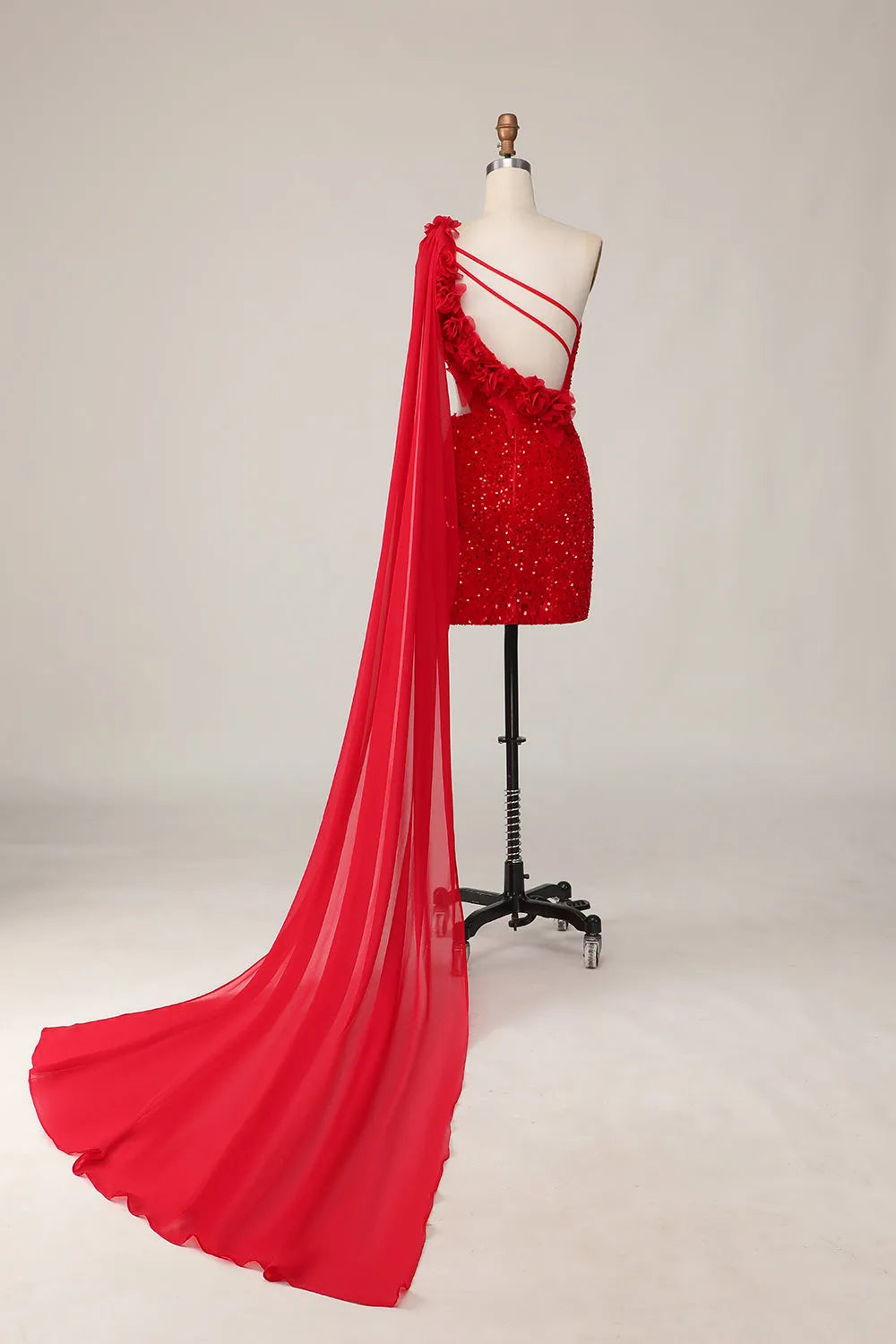 Red Sparkly One Shoulder Short Homecoming Dress with Flowers