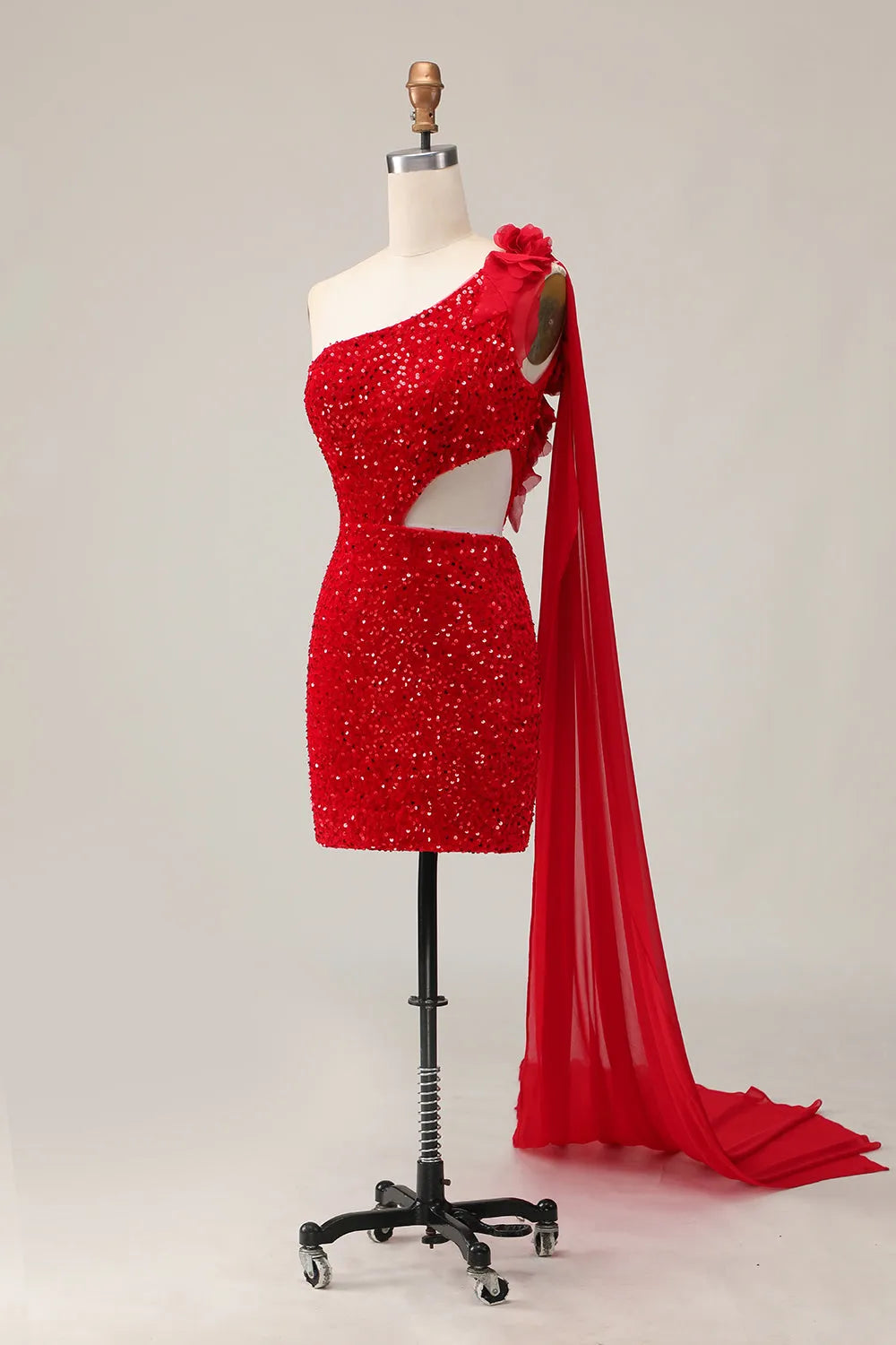 Red Sparkly One Shoulder Short Homecoming Dress with Flowers