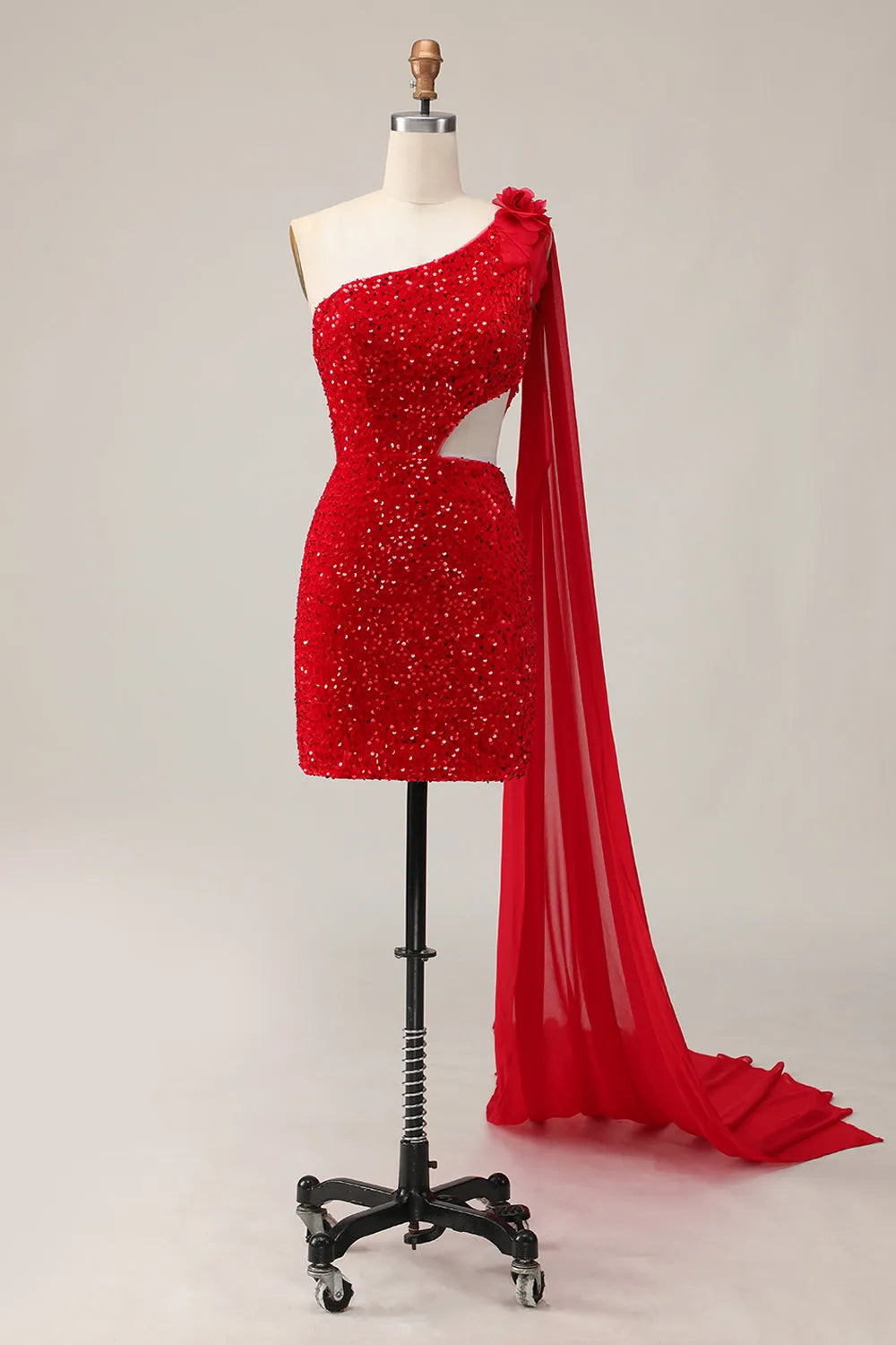 Red Sparkly One Shoulder Short Homecoming Dress with Flowers