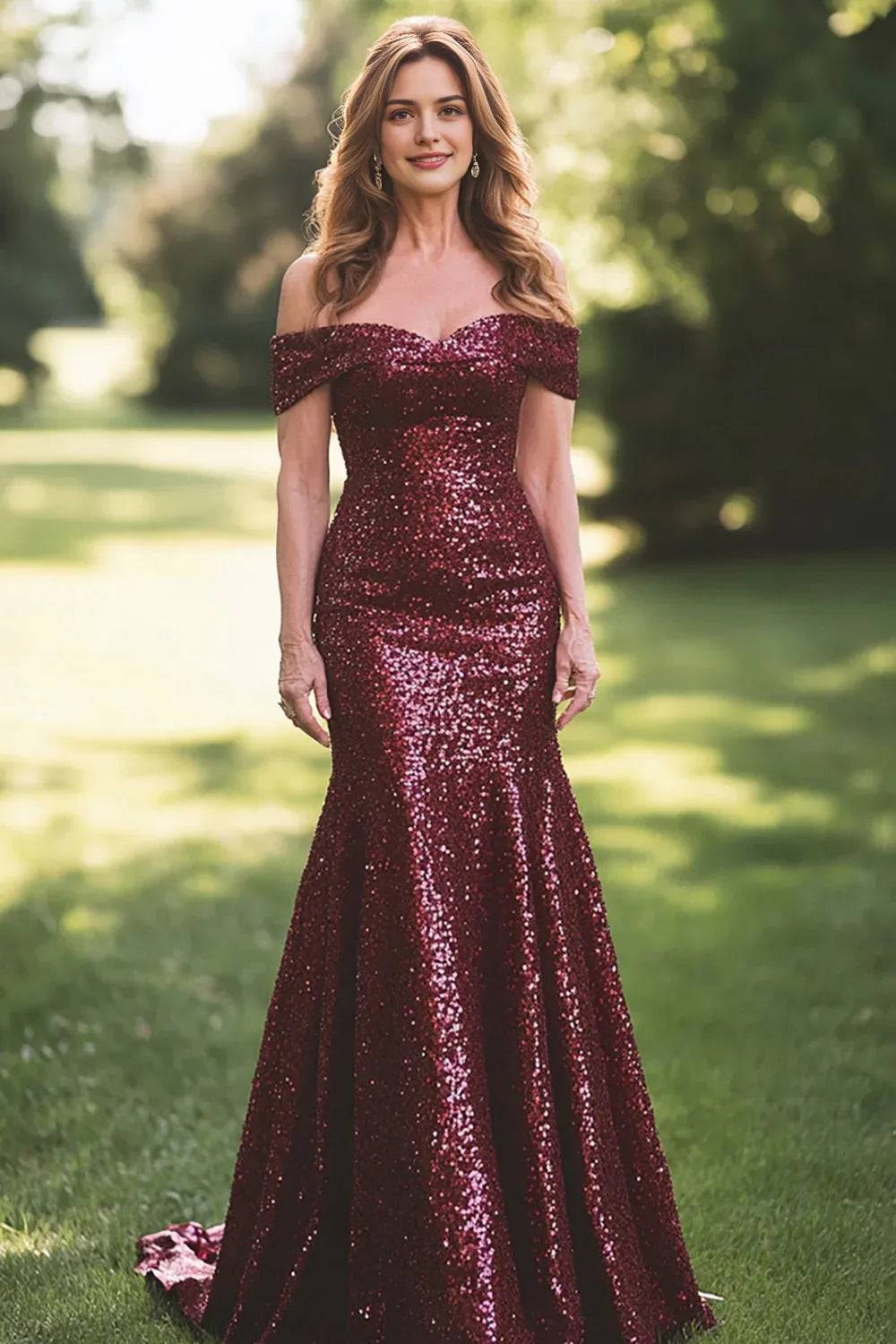Burgundy Sparkly Off the Shoulder Mother of the Bride Dress