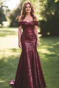 Burgundy Sparkly Off the Shoulder Mother of the Bride Dress