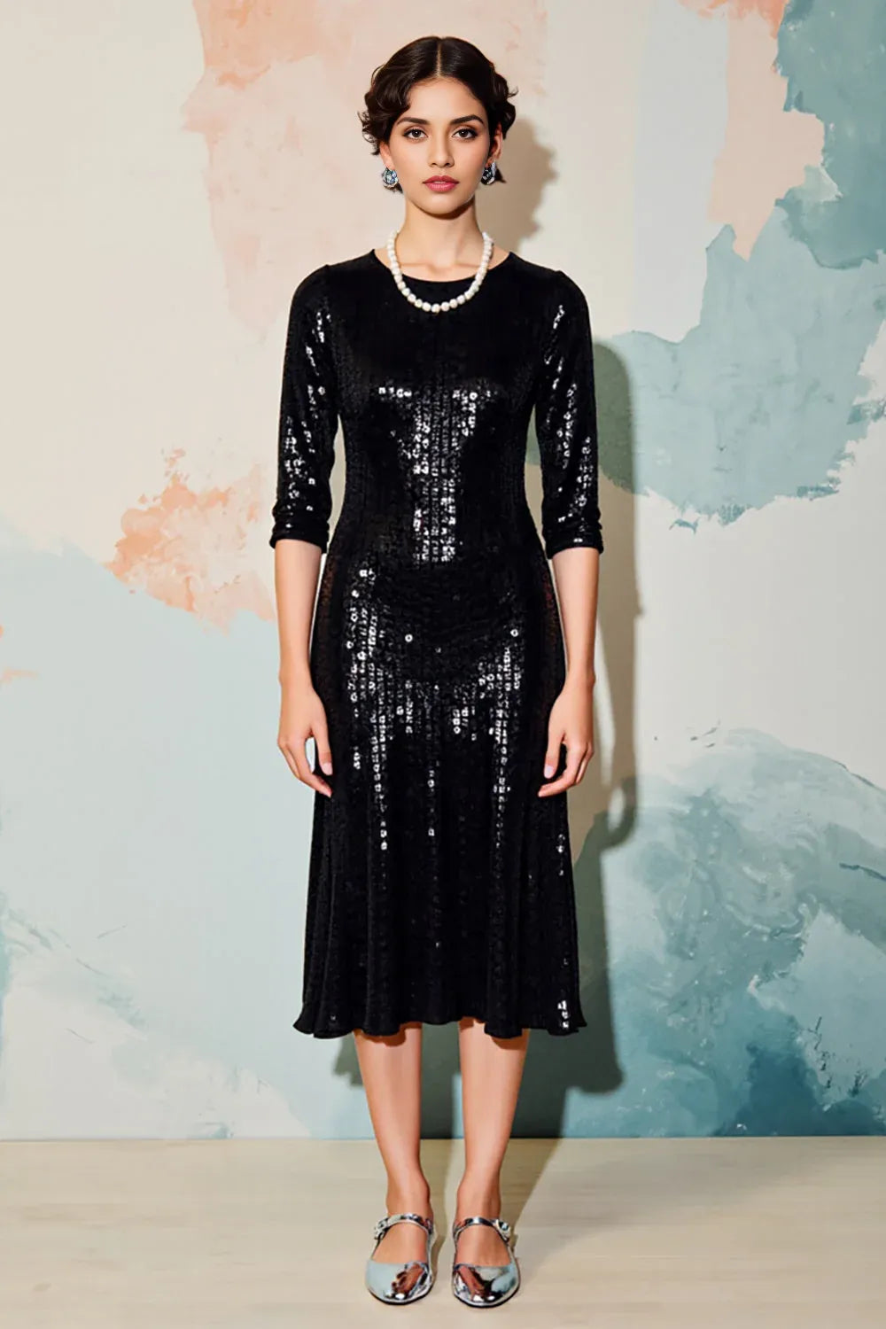 Beautiful Timeless Special Occasion Sophisticated Elegant Black Sequin Sheath Tea-Length Prom Dress