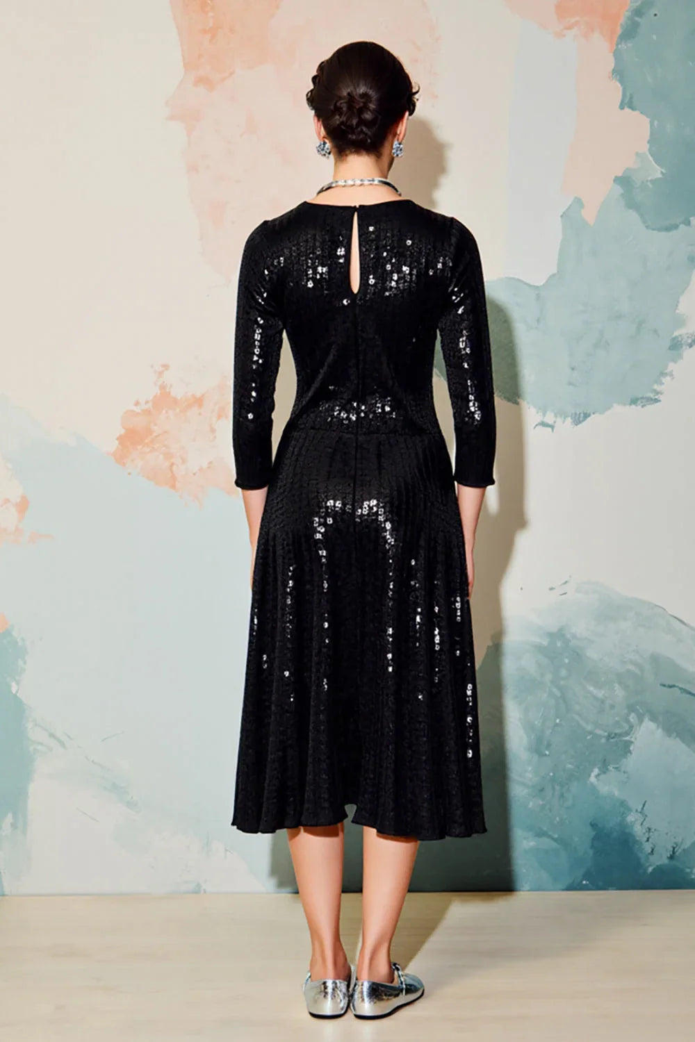 Beautiful Timeless Special Occasion Sophisticated Elegant Black Sequin Sheath Tea-Length Prom Dress
