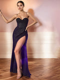 Sparkly Trumpet/Mermaid Spaghetti Straps Long Prom Dress With High Slit
