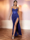 Sparkly Trumpet/Mermaid Spaghetti Straps Long Prom Dress With High Slit