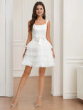 Square Neckline Backless Short/Mini Homecoming Dresses with Tiered Bow Belt