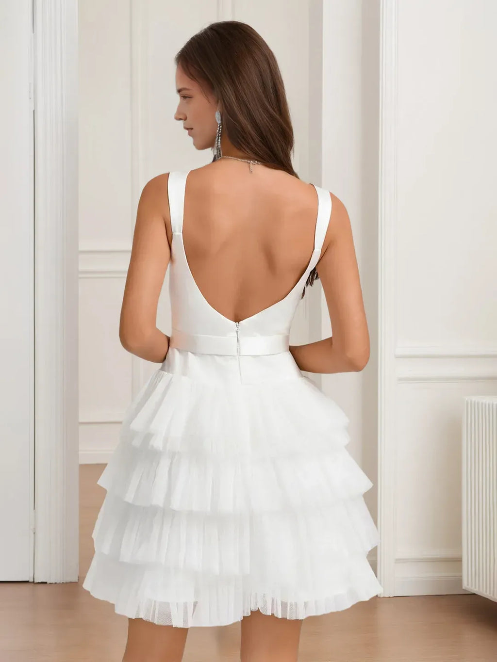 Square Neckline Backless Short/Mini Homecoming Dresses with Tiered Bow Belt