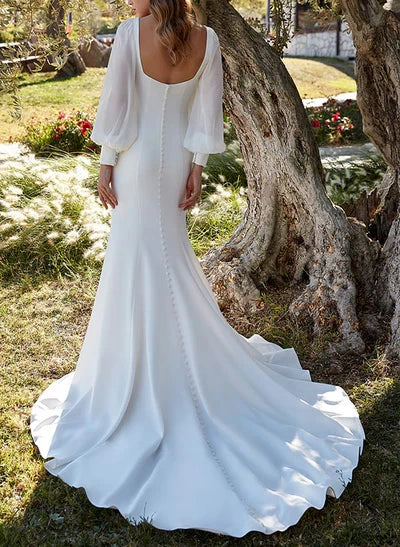 Elegant Red Mermaid Square-Neck Long-Sleeve Classic-Back Floor-Length Wedding Dress