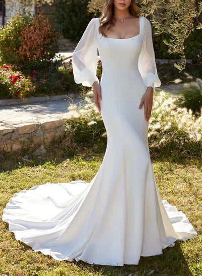 Elegant Red Mermaid Square-Neck Long-Sleeve Classic-Back Floor-Length Wedding Dress