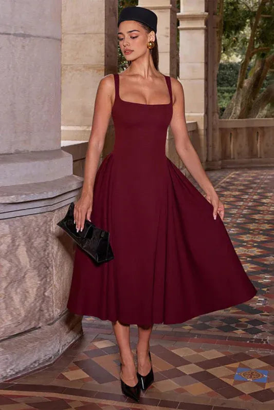 Navy Blue Square Neckline Midi Party Dress with Flared Skirt