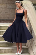 Navy Blue Square Neckline Midi Party Dress with Flared Skirt