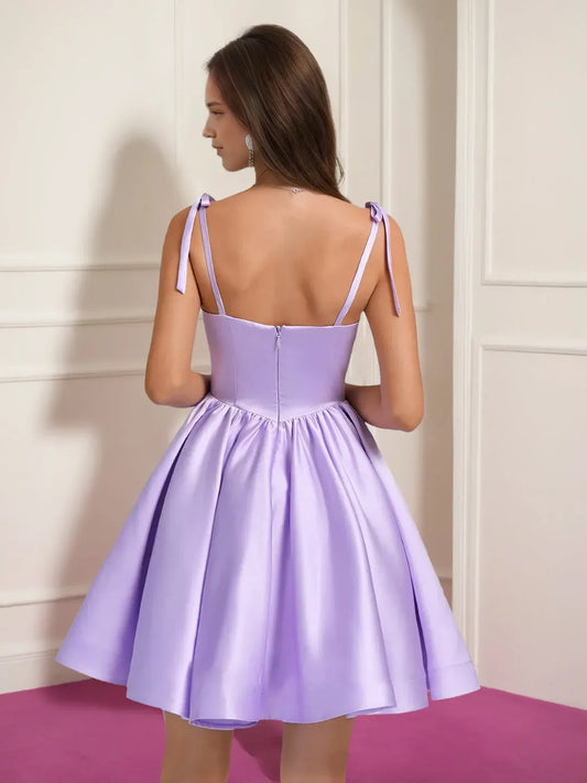 Elegant Red Pleated A-Line Square-Neck Classic-Sleeve Classic-Back Mini-Length Homecoming Dress