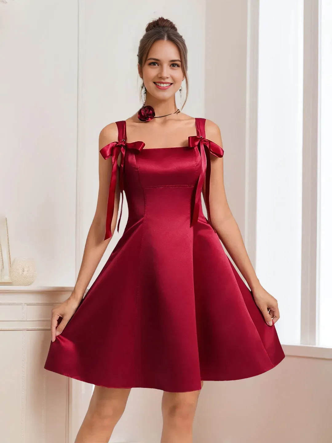 Elegant Red Pleated A-Line Square-Neck Sleeveless Classic-Back Mini-Length Homecoming Dress