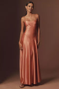 Terracotta Corset-Back Square-Neck Satin Prom Dress