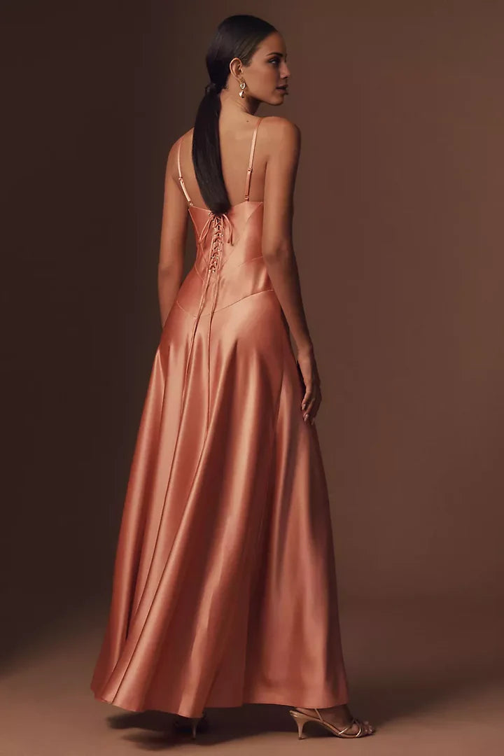 Terracotta Corset-Back Square-Neck Satin Prom Dress