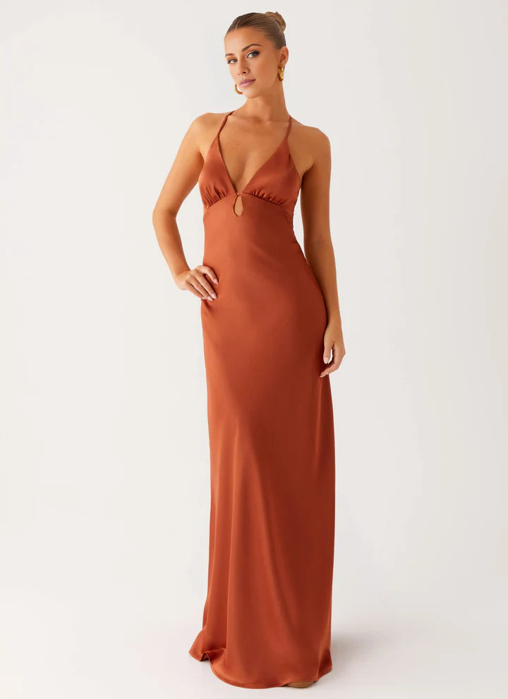 Rust Satin Slip V-Neck Crisscross-Back Floor-Length Prom Dress