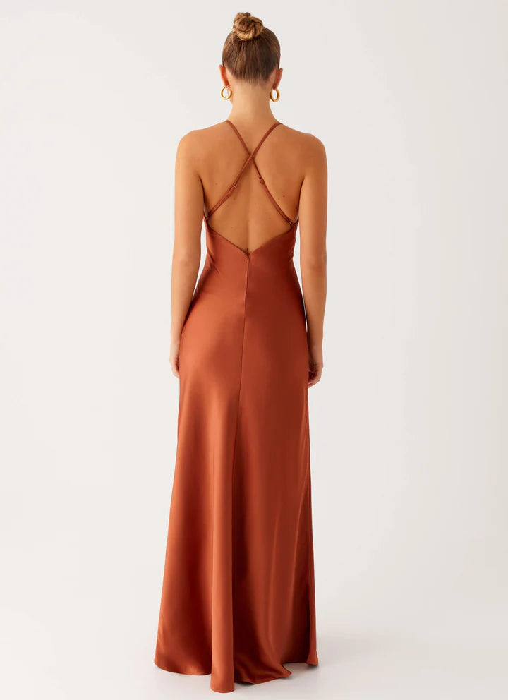 Rust Satin Slip V-Neck Crisscross-Back Floor-Length Prom Dress
