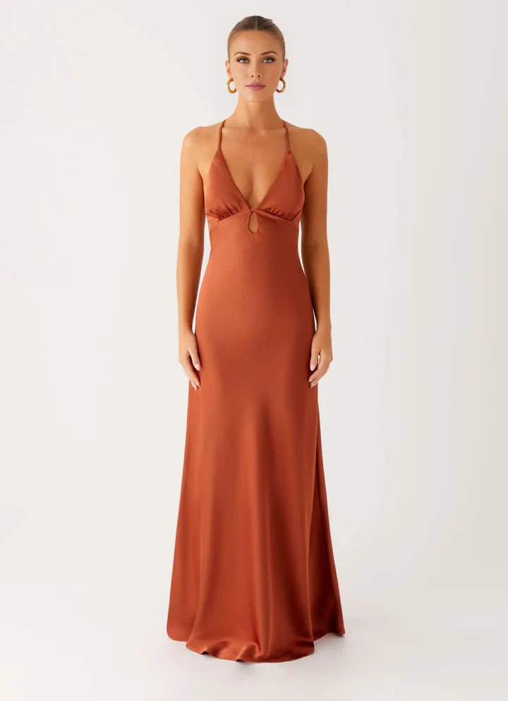 Rust Satin Slip V-Neck Crisscross-Back Floor-Length Prom Dress