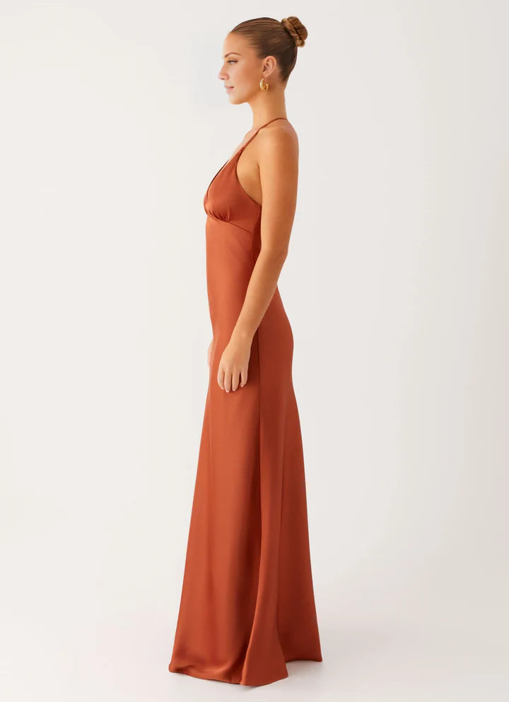 Rust Satin Slip V-Neck Crisscross-Back Floor-Length Prom Dress