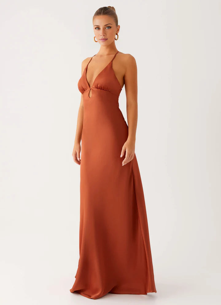 Rust Satin Slip V-Neck Crisscross-Back Floor-Length Prom Dress