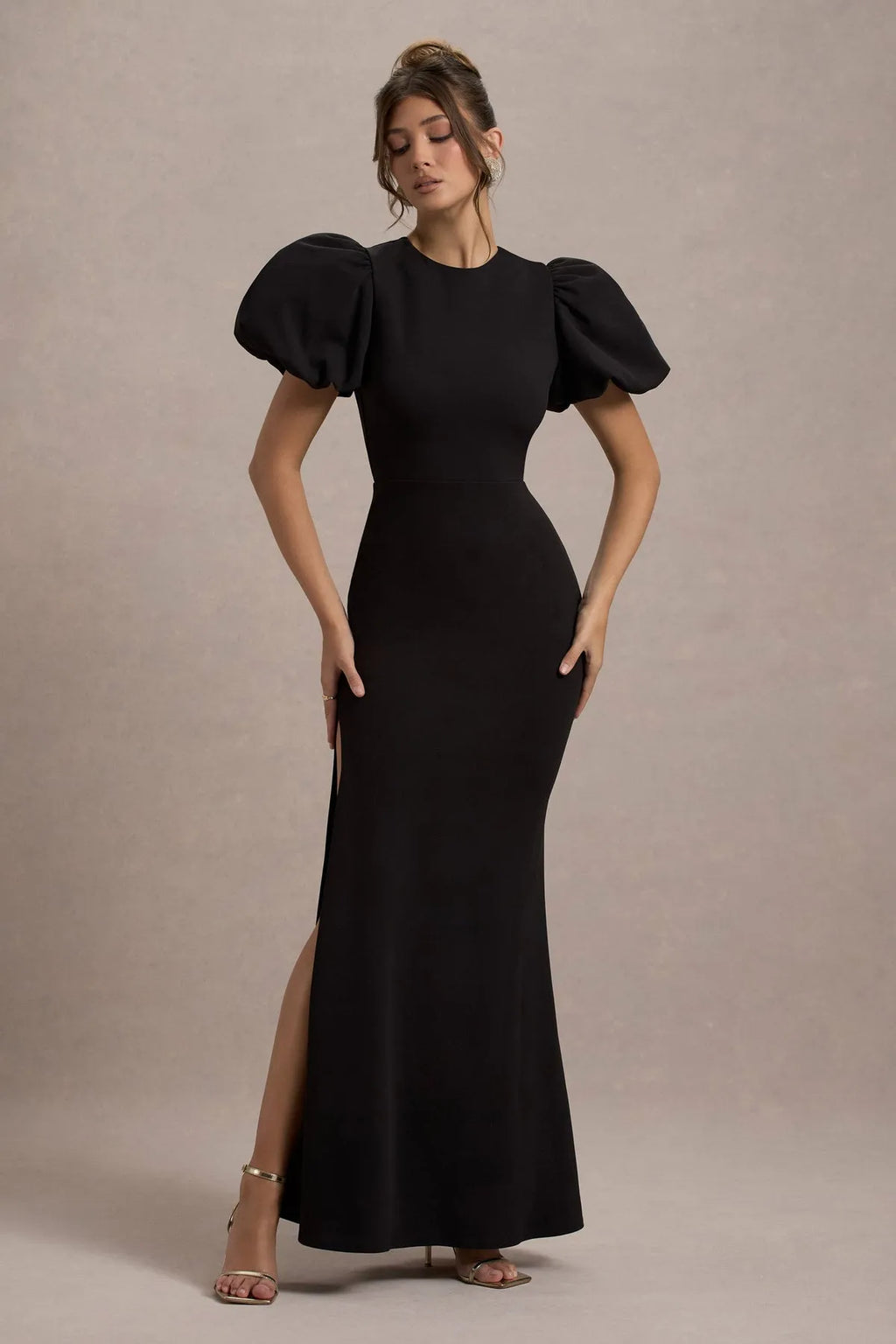 Black Statement Prom Dress Puff Sleeve High Side Slit Mermaid Silhouette for Unforgettable Formal Nights