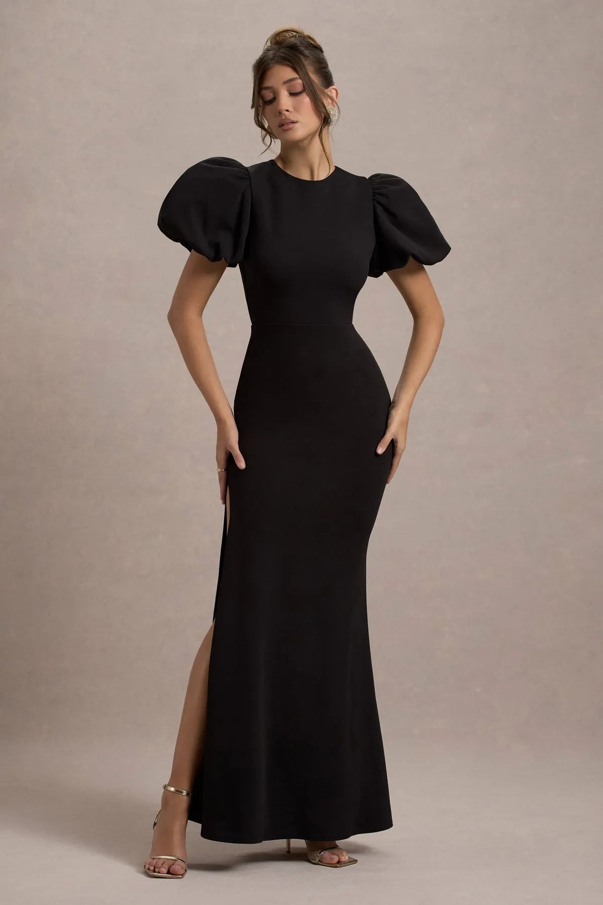 Black Statement Prom Dress Puff Sleeve High Side Slit Mermaid Silhouette for Unforgettable Formal Nights