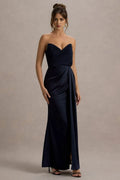 Navy Blue Statement Strapless Prom Dresses Ruched Sweetheart Neckline Draped Side Slit to Stand Out at Black - Tie Events