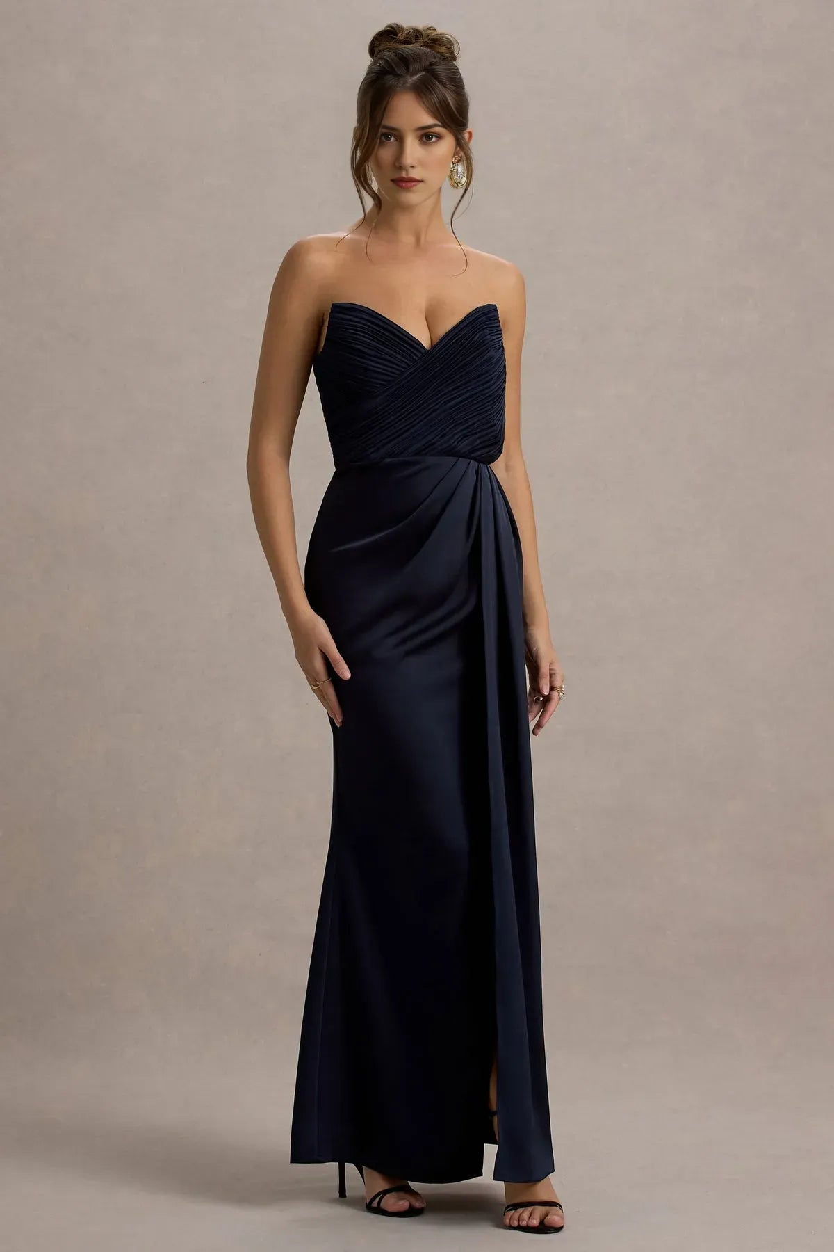 Navy Blue Statement Strapless Prom Dresses Ruched Sweetheart Neckline Draped Side Slit to Stand Out at Black - Tie Events