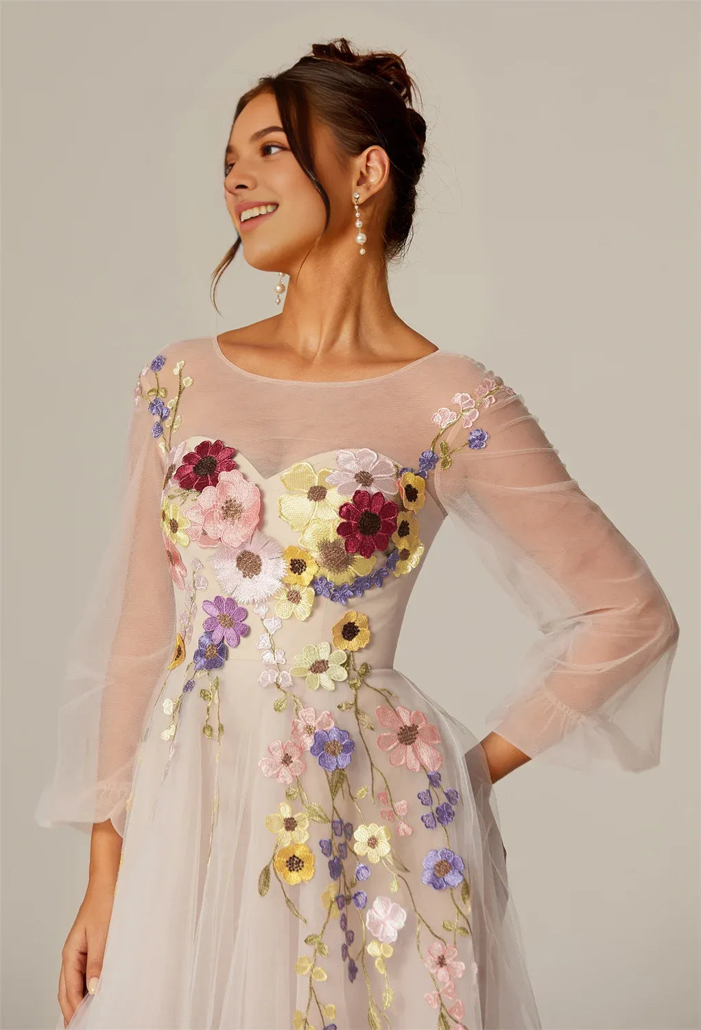 Special Occasion Sophisticated Graceful Elegant Tulle A-Line Long Sleeve Long Prom Dress