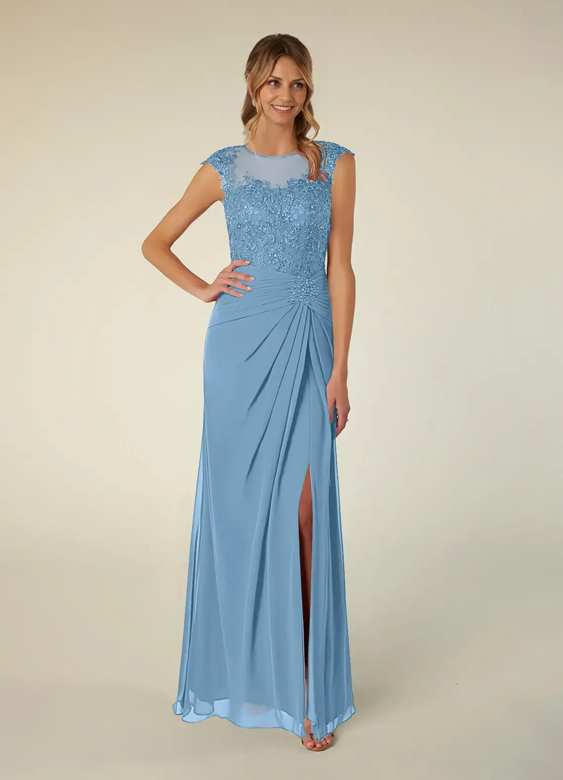 Sophisticated Graceful Stylish Elegant Black Chiffon A-Line Scoop Neck Slit Evening Dress