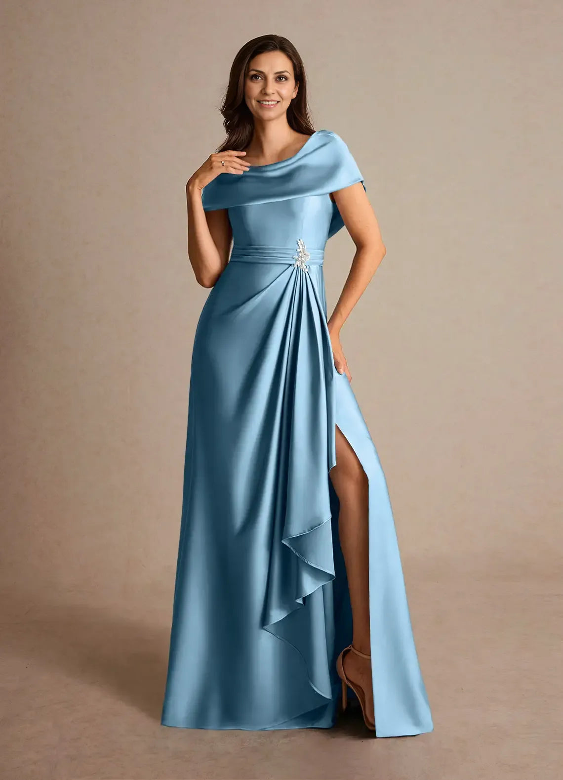 Timeless Chic Elegant Satin A-Line Cowl Pleated Mother of the Bride Dress