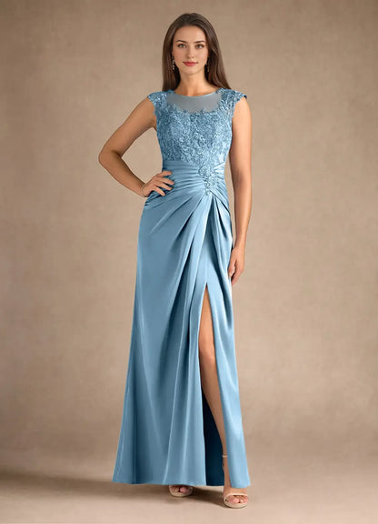 Special Occasion Sophisticated Graceful Elegant Blue Satin Sheath Scoop Neck Sleeveless Evening Dress