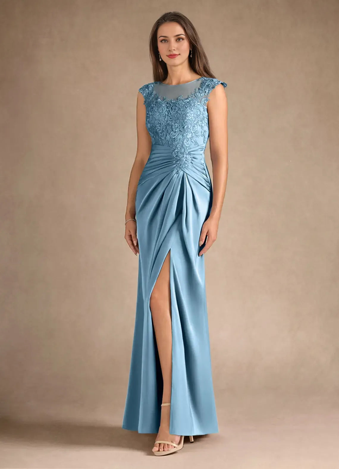 Special Occasion Sophisticated Graceful Elegant Blue Satin Sheath Scoop Neck Sleeveless Evening Dress